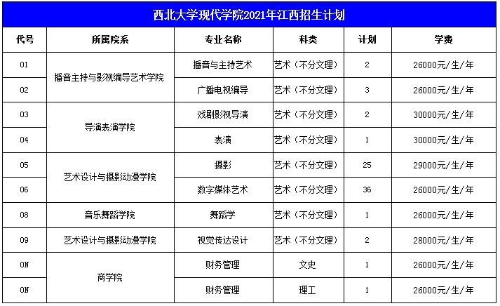 西北大学现代学院2021年艺术类本科专业招生计划