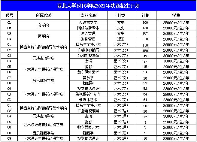 西北大学现代学院2021年艺术类本科专业招生计划