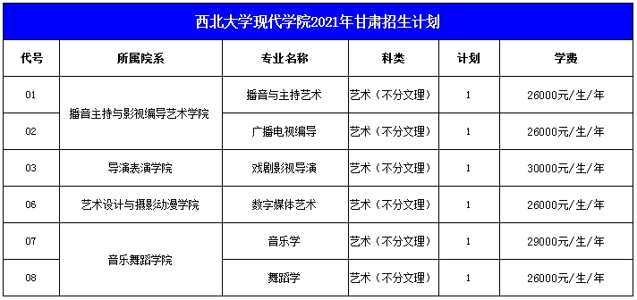 西北大学现代学院2021年艺术类本科专业招生计划