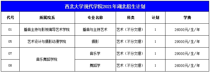 西北大学现代学院2021年艺术类本科专业招生计划