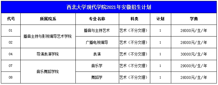 西北大学现代学院2021年艺术类本科专业招生计划