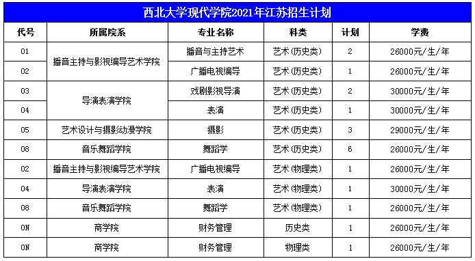 西北大学现代学院2021年艺术类本科专业招生计划