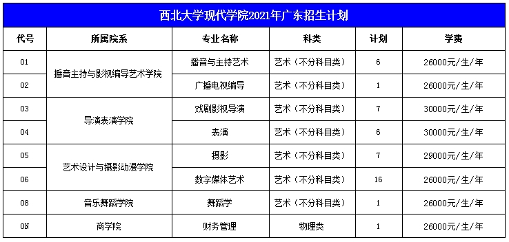 西北大学现代学院2021年艺术类本科专业招生计划