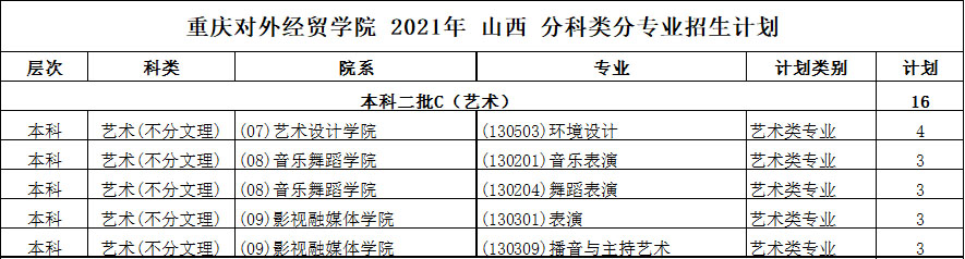 重庆对外经贸学院2021年艺术类本科专业招生计划