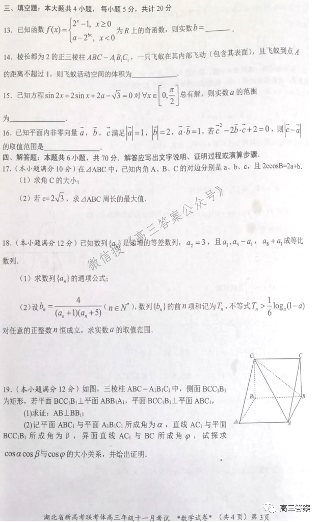 2021年湖北省新高考协作体高三年级十一月考试答案