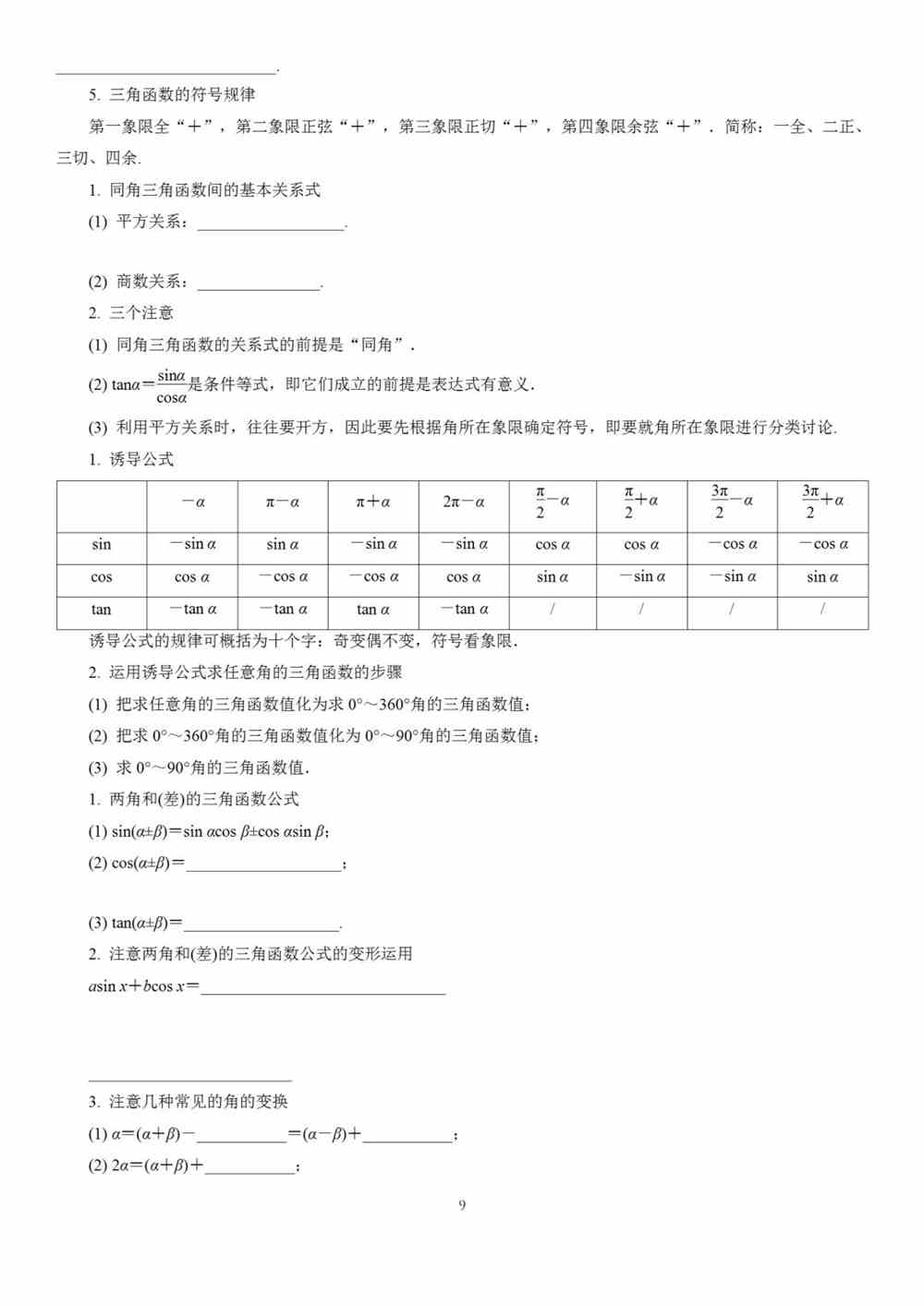 高中数学基础知识全归纳（填空版+表格版+思维导图）