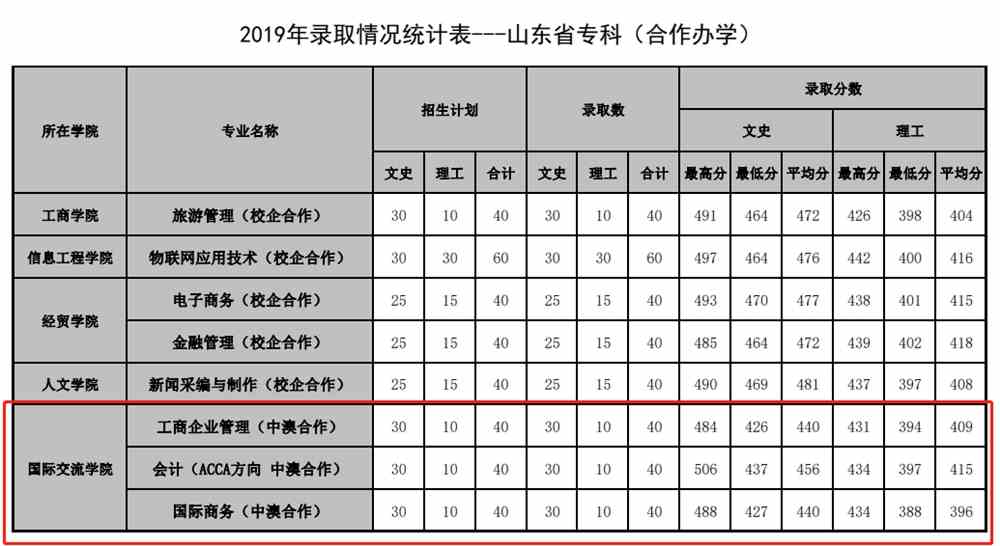 2021年山东管理学院中外合作办学分数线(含2019-2020年)