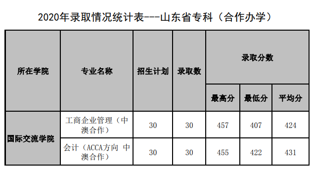 2021年山东管理学院中外合作办学分数线(含2019-2020年)