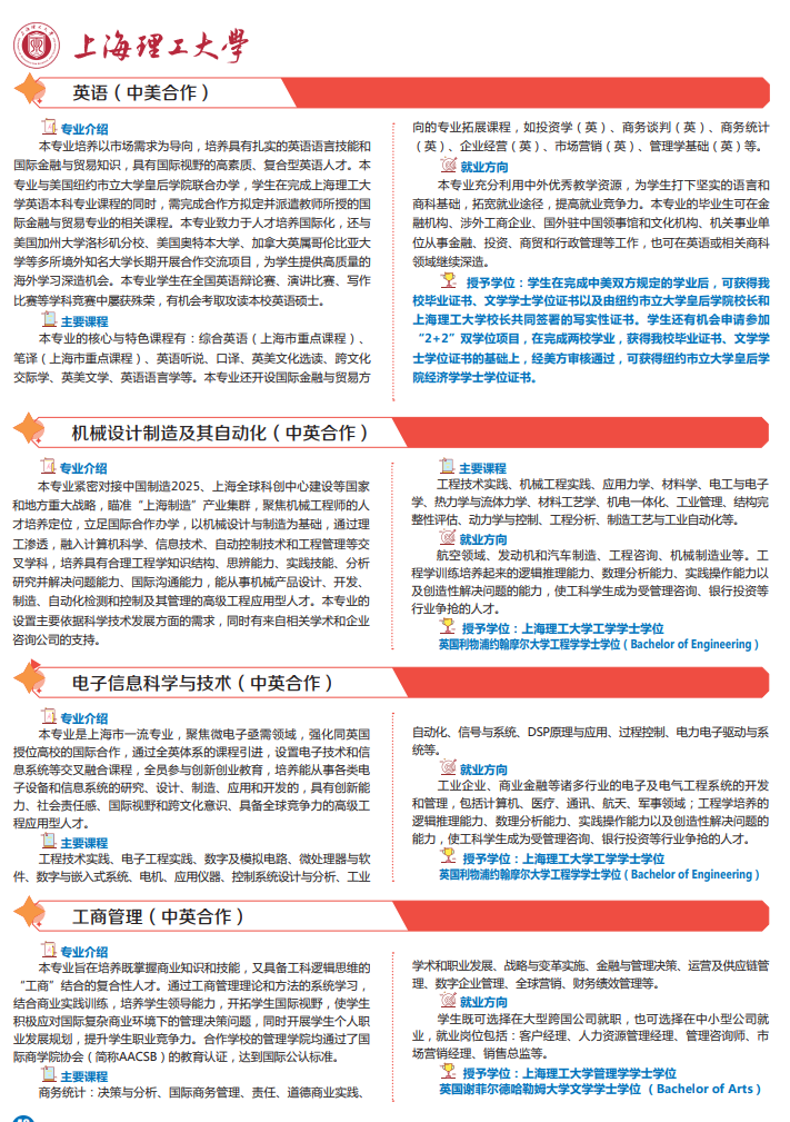 2021上海理工大学中外合作办学招生专业介绍