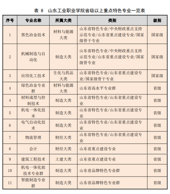 山东工业职业学院重点专业名单