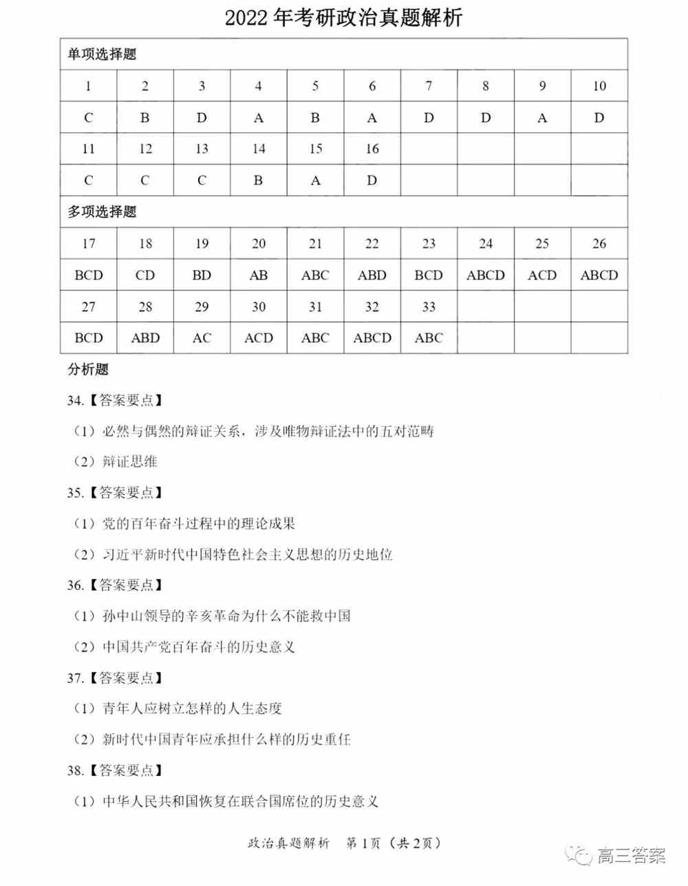 2022年考研真题答案