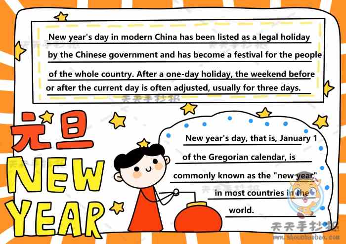 小学元旦手抄报英文版模板教程，新年英文手抄报怎么画好看