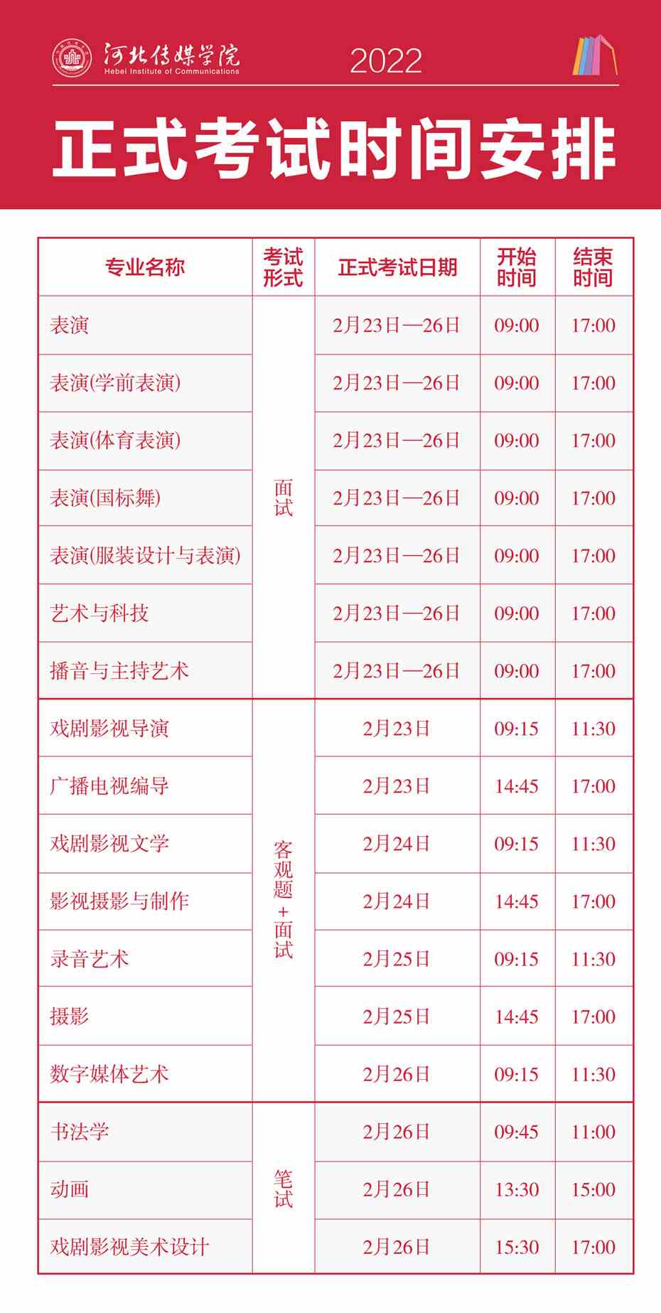 河北传媒学院2022年艺术类校考考试时间安排