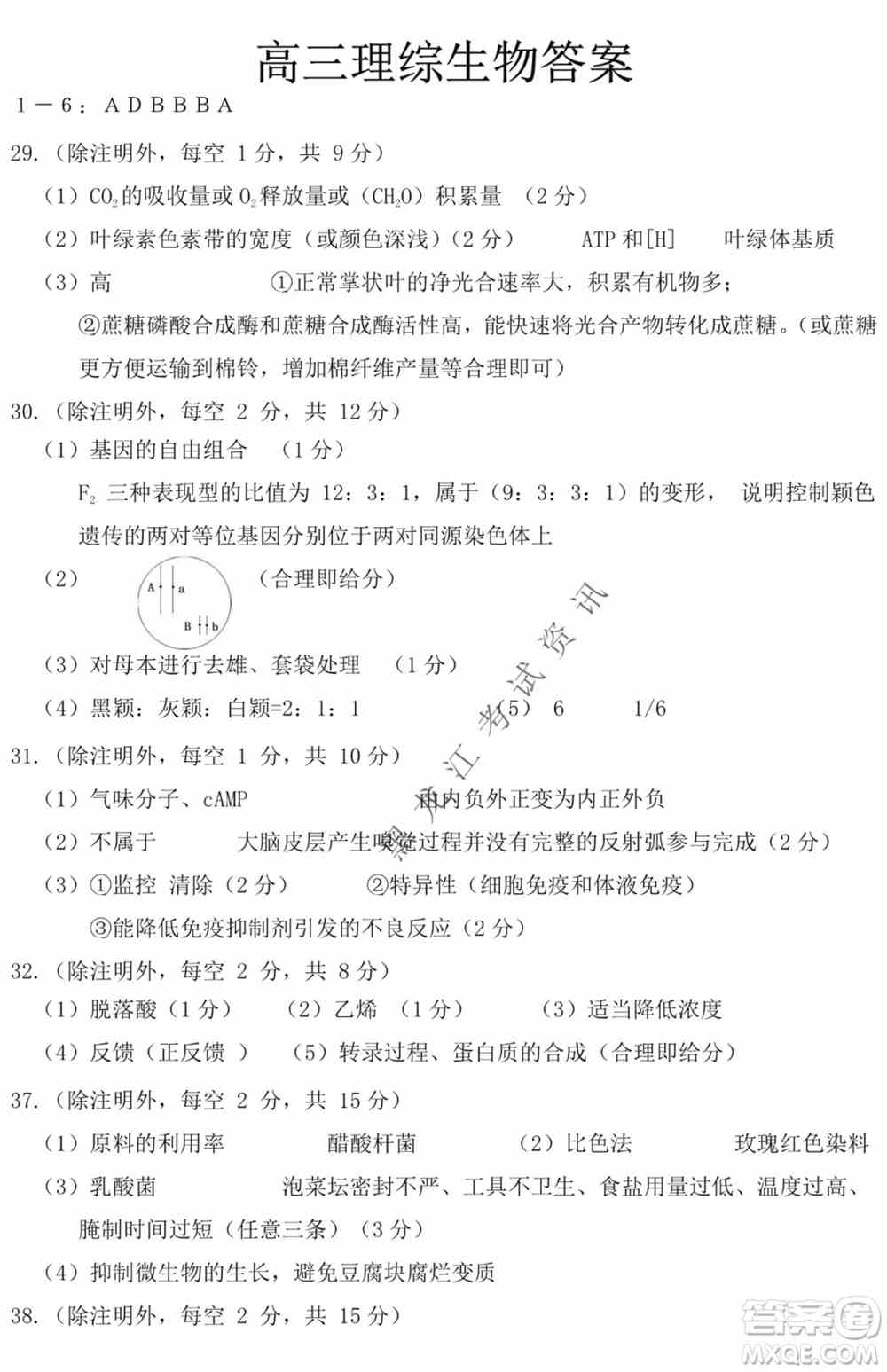哈尔滨市第一中学2021-2022学年度高三上学期理综期末试卷及答案