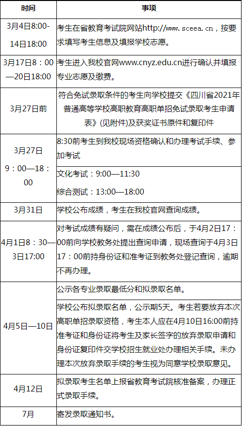 2021年高职单招考试日程安排