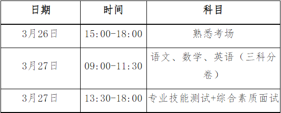 2021年高职单招考试科目及时间安排