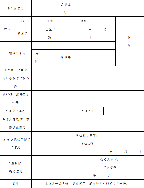 河南省普通高等学校招收技能拔尖人才免试入学登记表