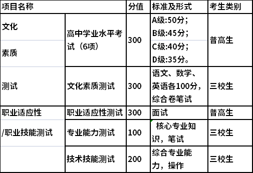 高职综合评价招生评分内容及标准
