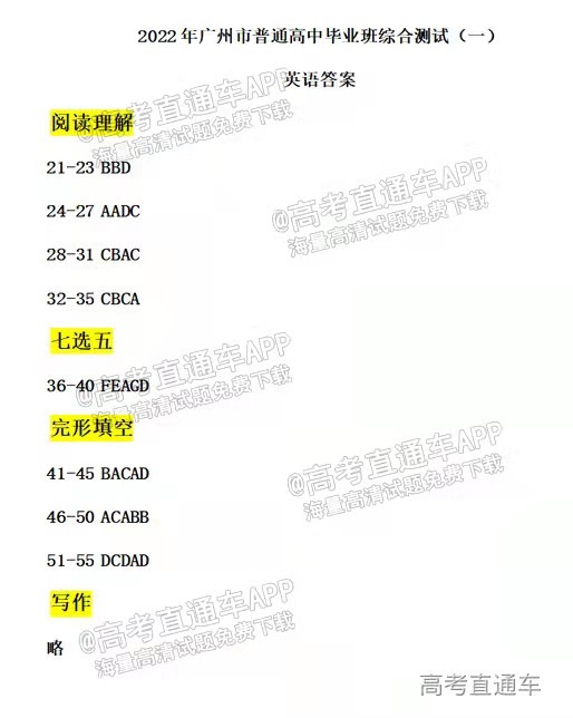 2022广州一模英语答案解析-2022广州一模高三英语答案
