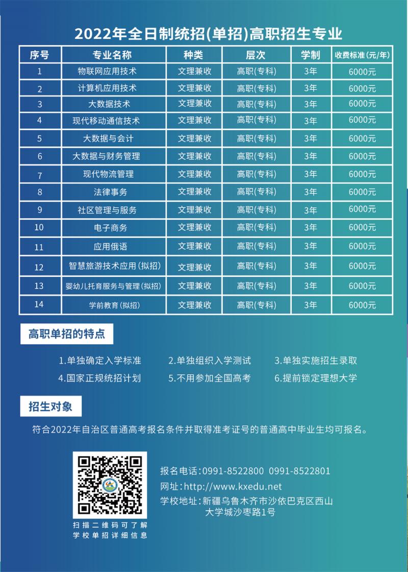 2022年新疆科信职业技术学院高职单招招生专业及学费