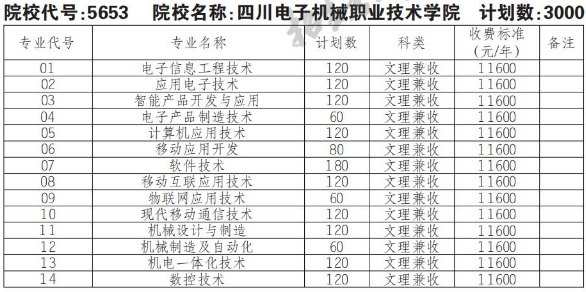 2022年四川电子机械职业技术学院高职单招普高类专业计划