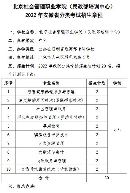 北京社会管理职业学院安徽省2022年分类考试招生章程