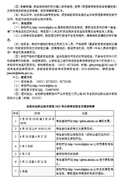 合肥共达职业技术学院2022年分类考试招生章程
