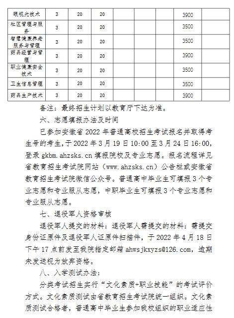 安徽卫生健康职业学院2022年分类考试招生章程