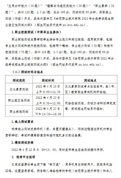 合肥职业技术学院2022年分类考试招生章程