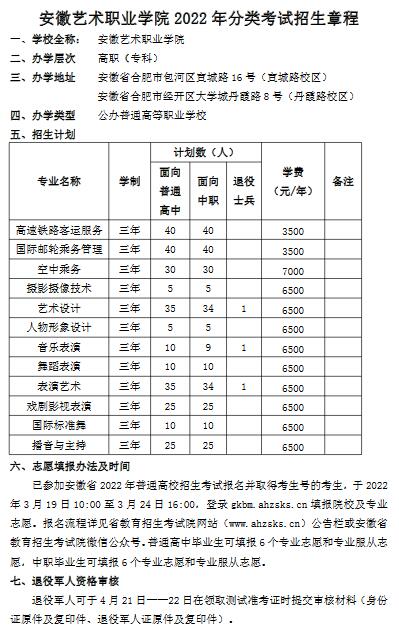 安徽艺术职业学院2022年分类考试招生章程