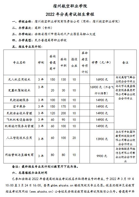 宿州航空职业学院2022年分类考试招生章程