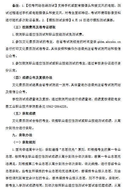 安徽工业职业技术学院2022年分类考试招生章程