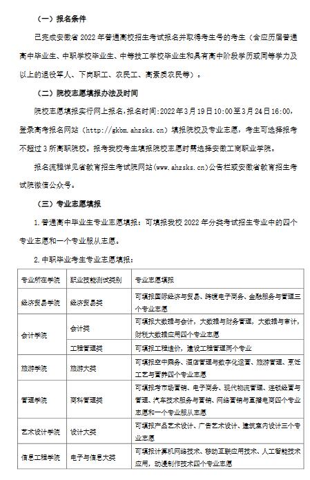 安徽工商职业学院2022年分类考试招生章程