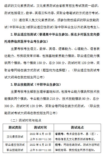 安庆医药高等专科学校2022年分类考试招生章程