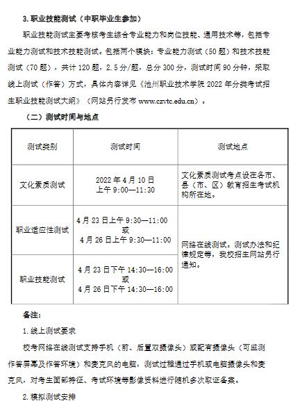 池州职业技术学院2022年分类考试招生章程