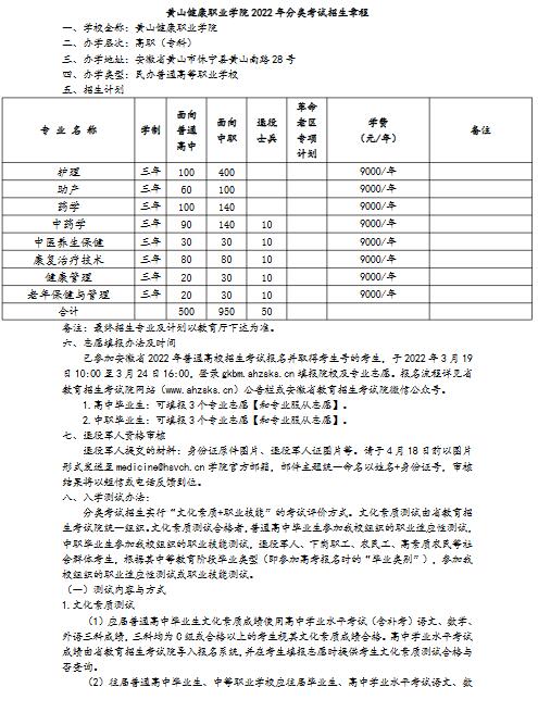 黄山健康职业学院2022年分类考试招生章程