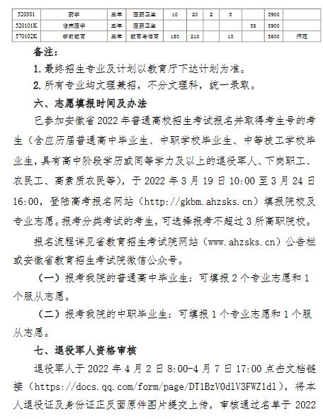 黄山职业技术学院2022年分类考试招生章程