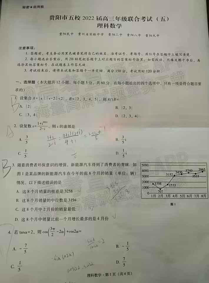 2022贵阳五校高三2月联考各科试题及参考答案汇总（更新中）