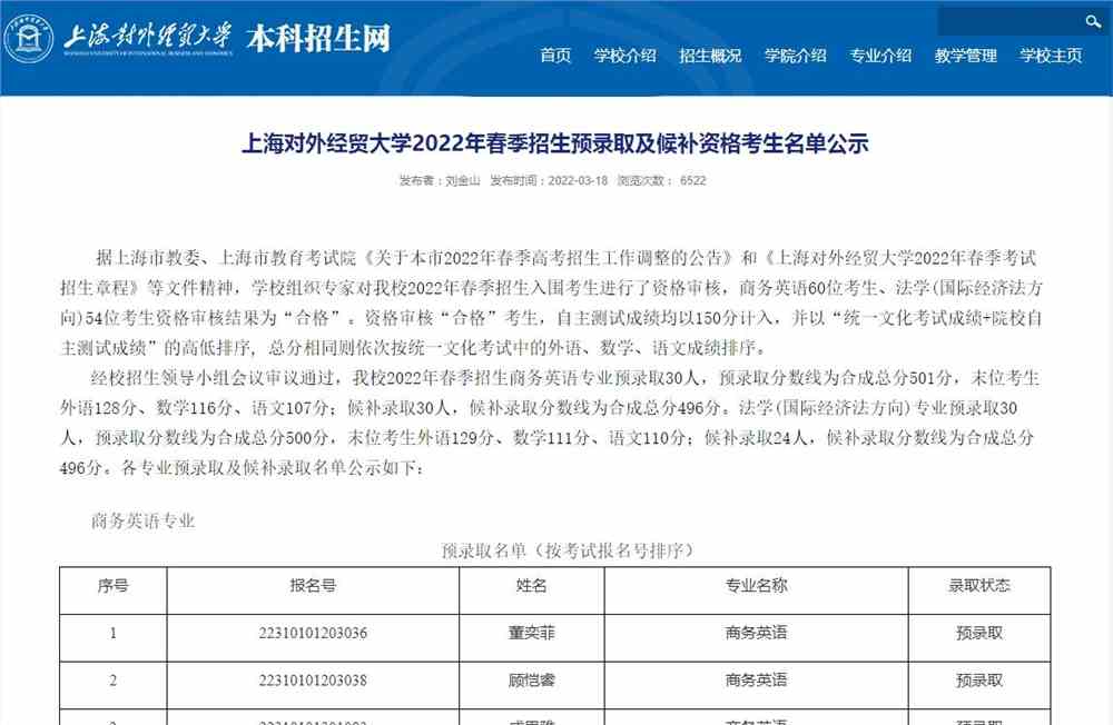 上海对外经贸大学2022年春季招生预录取及候补资格考生名单公示