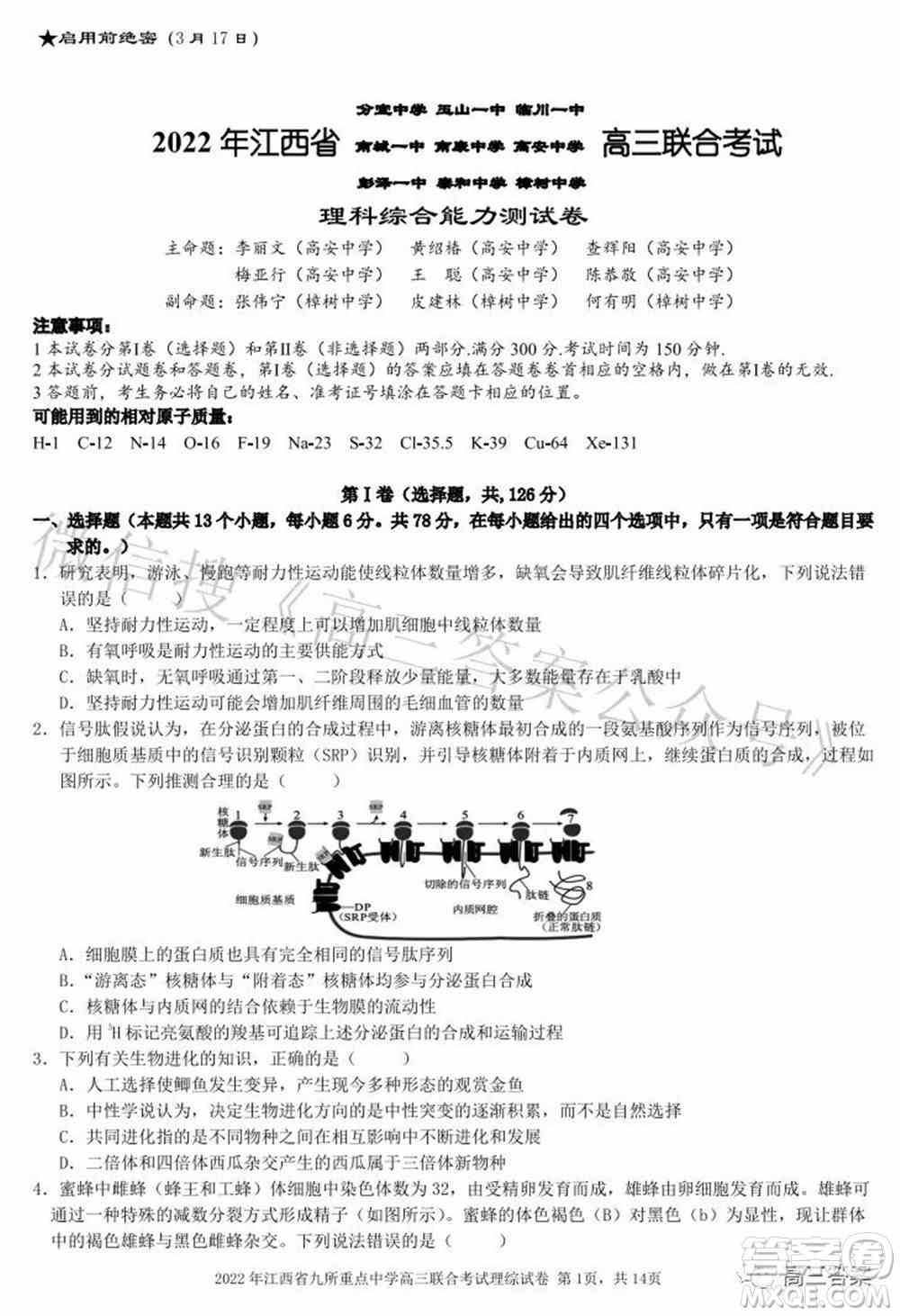 2022年江西省九校高三联合考试理科综合试题及答案