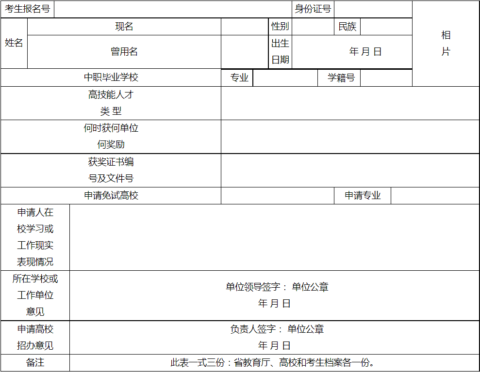 河南省普通高等学校招收技能拔尖人才免试入学登记表