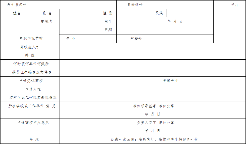 河南省普通高校2022年招收高技能人才免试入学登记表