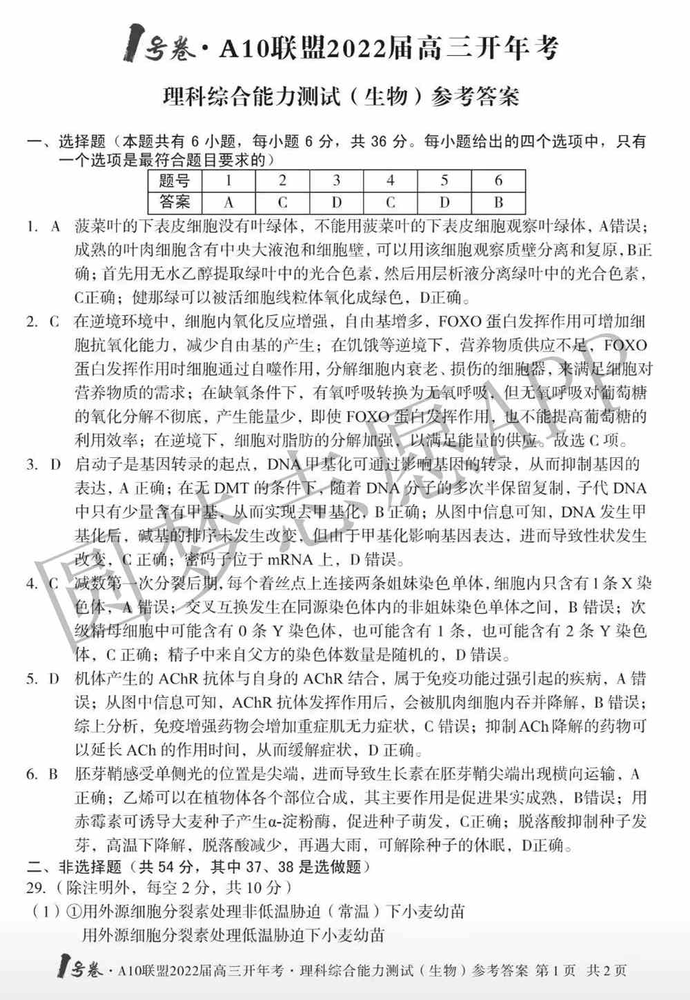 2022安徽A10高三开年考试卷及答案-安徽A10联盟高三2月开年考答案