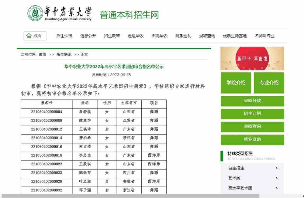 华中农业大学2022年高水平艺术团初审合格名单公示