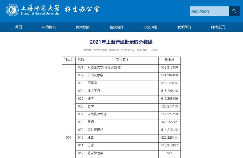 上海师范大学2021年上海普通批录取分数线