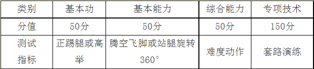 武术(含舞龙舞狮)项目测试指标与所占分值