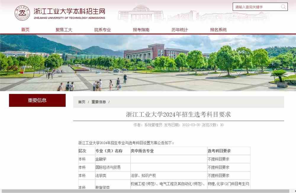 浙江工业大学2024年招生选考科目要求