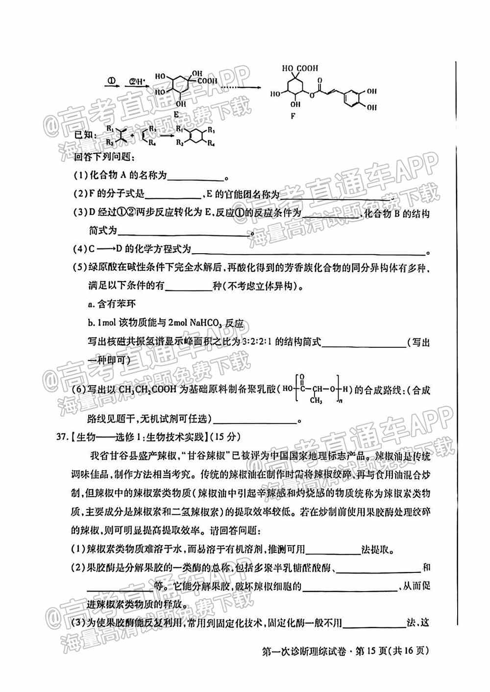 2022甘肃一诊各科试卷及答案-甘肃省第一次高考诊断考试2022年答案