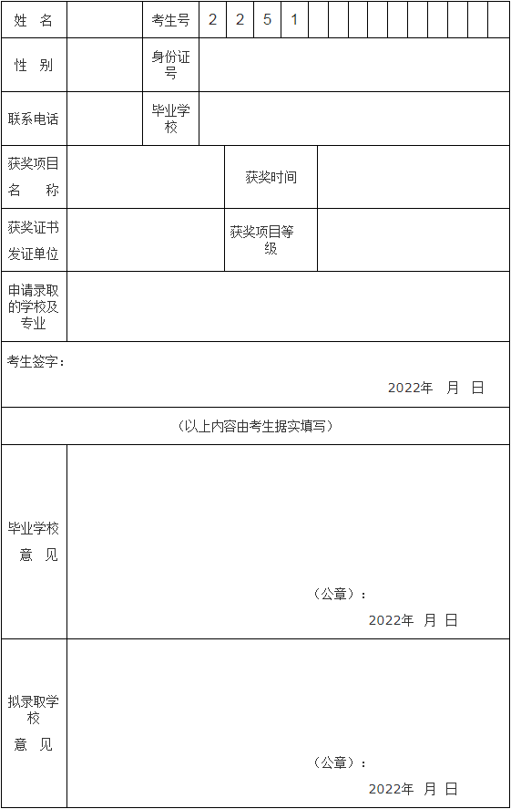 四川省2022年“9+3”高职单招免试录取考生申请表