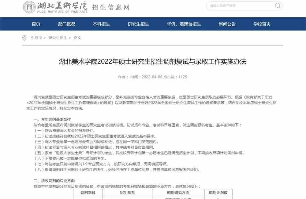 湖北美术学院2022研招调剂复试与录取工作实施办法